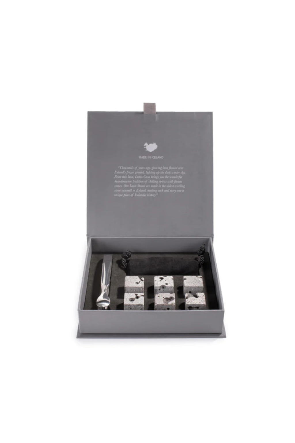 Set of lava whiskey cubes in a gray box with a white background