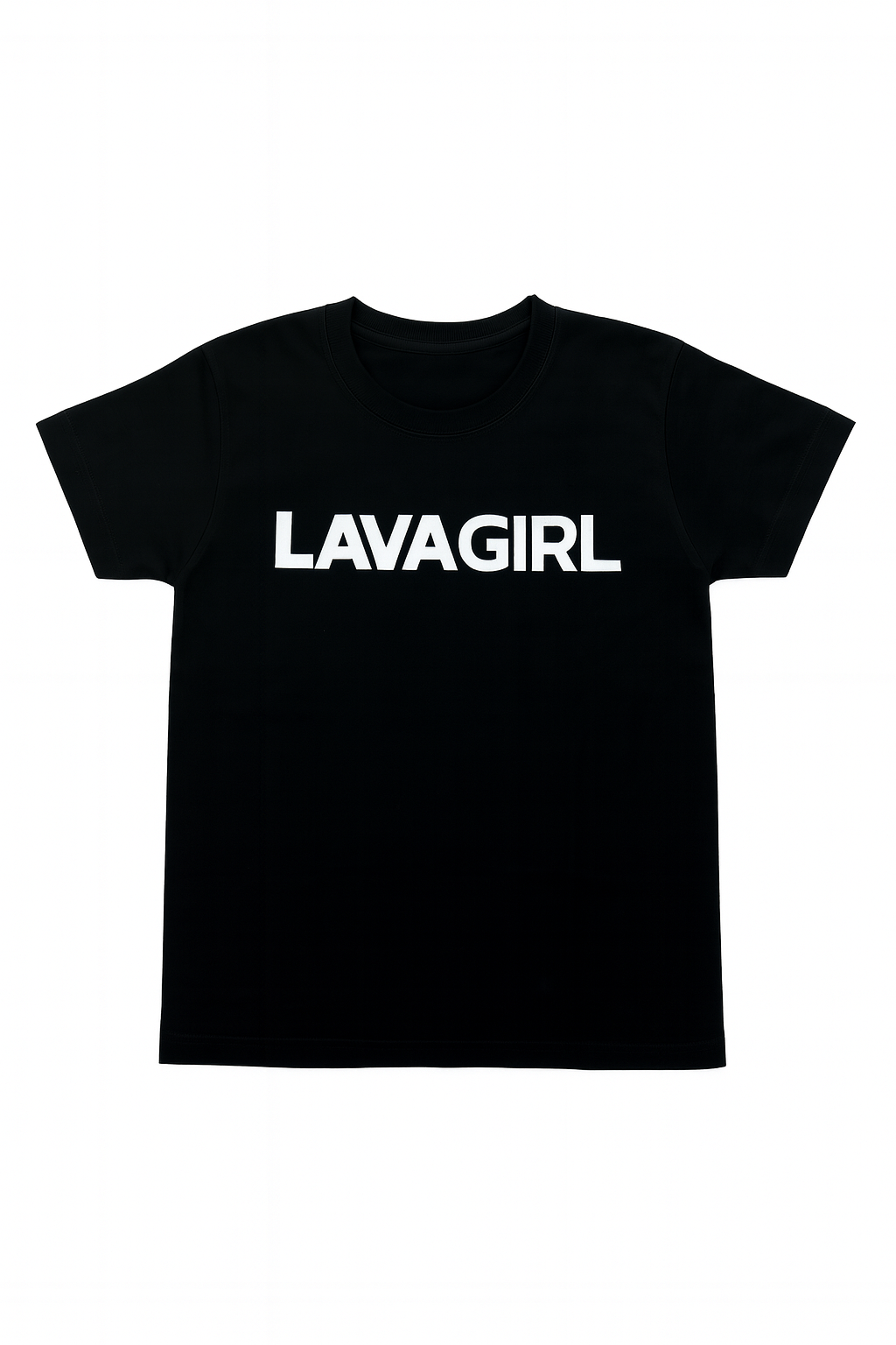 Black t-shirt with 'LAVAGIRL' text on a white background