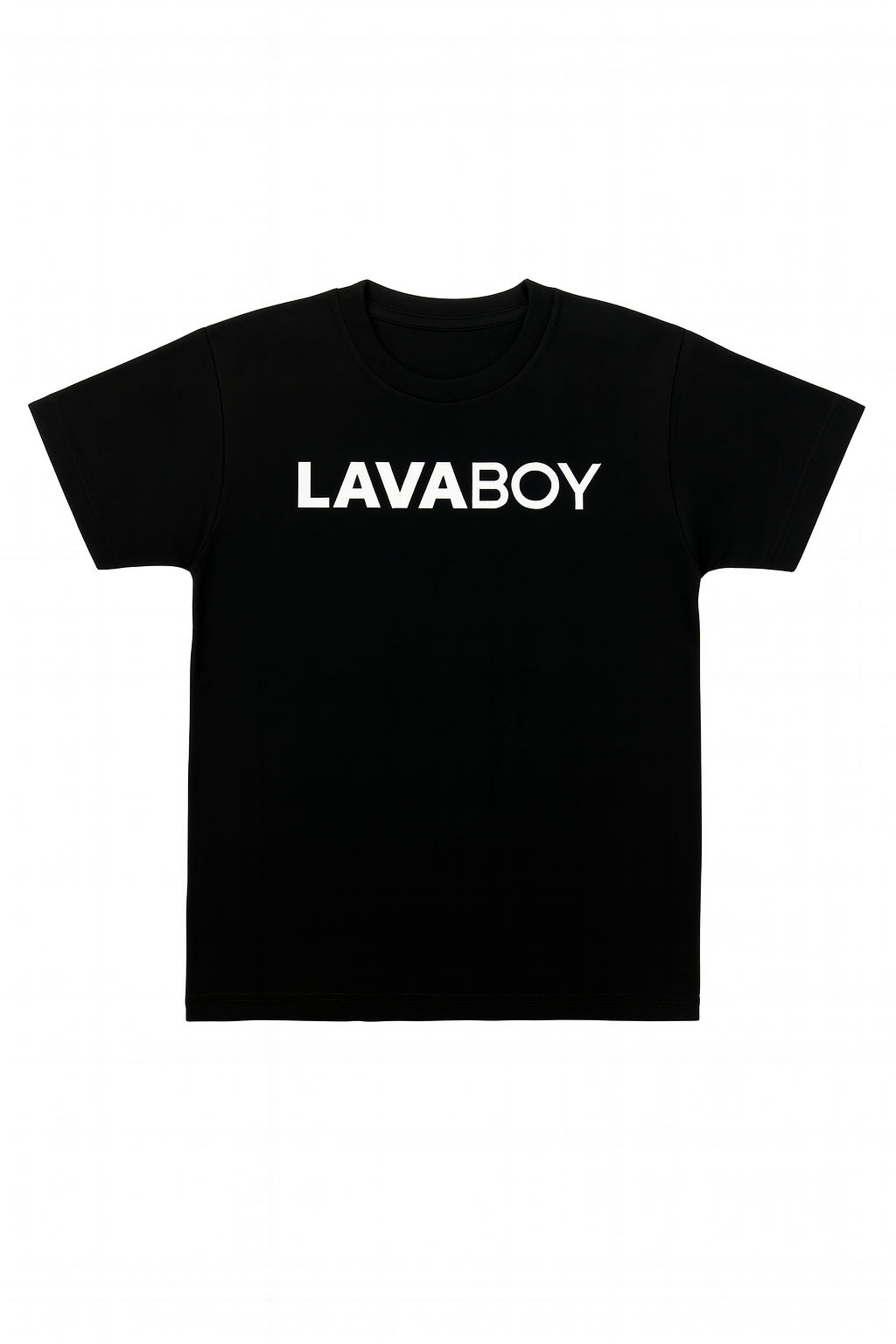 Black t-shirt with 'LAVABOY' text on a white background