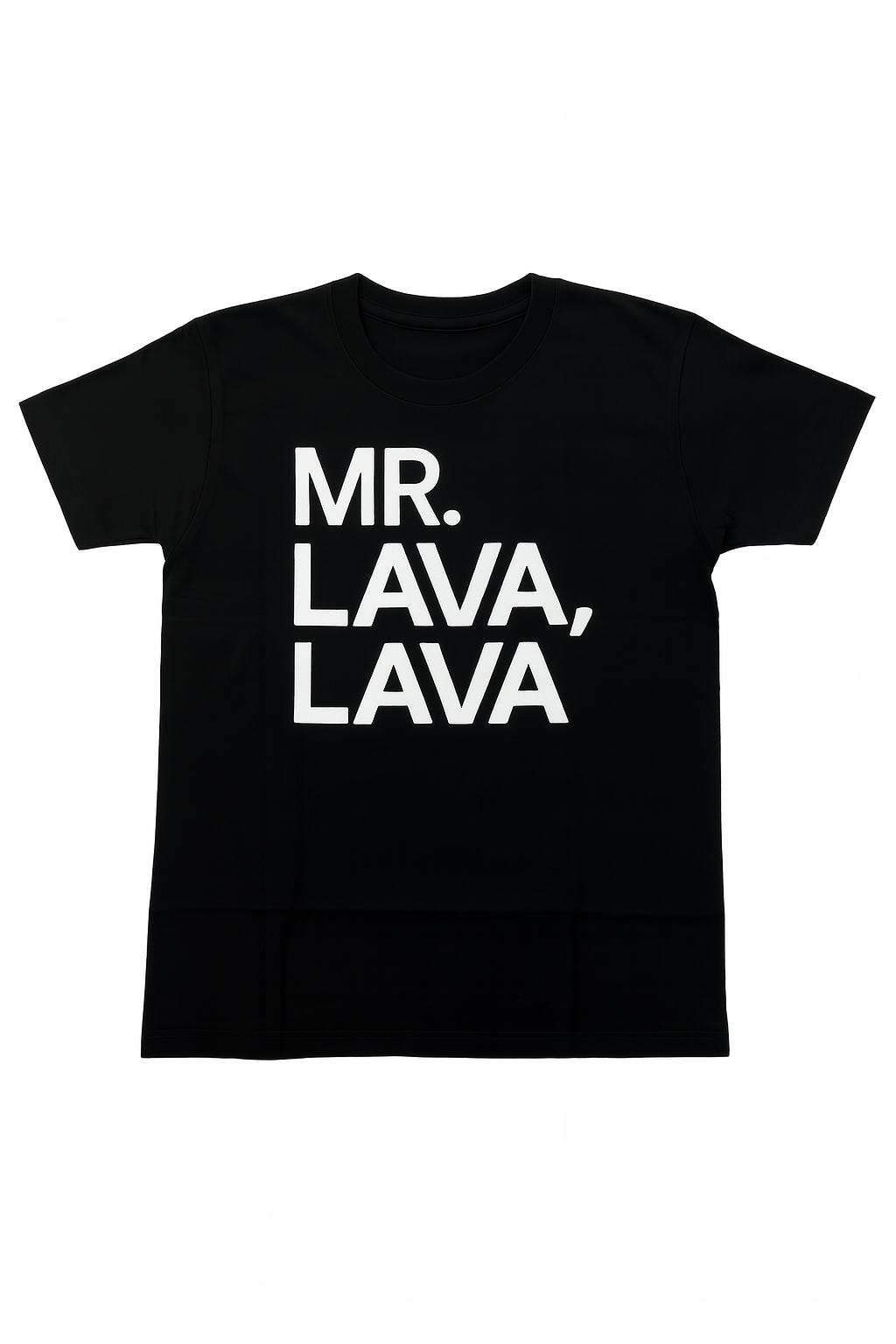 Black t-shirt with 'MR. LAVA, LAVA' text on a white background