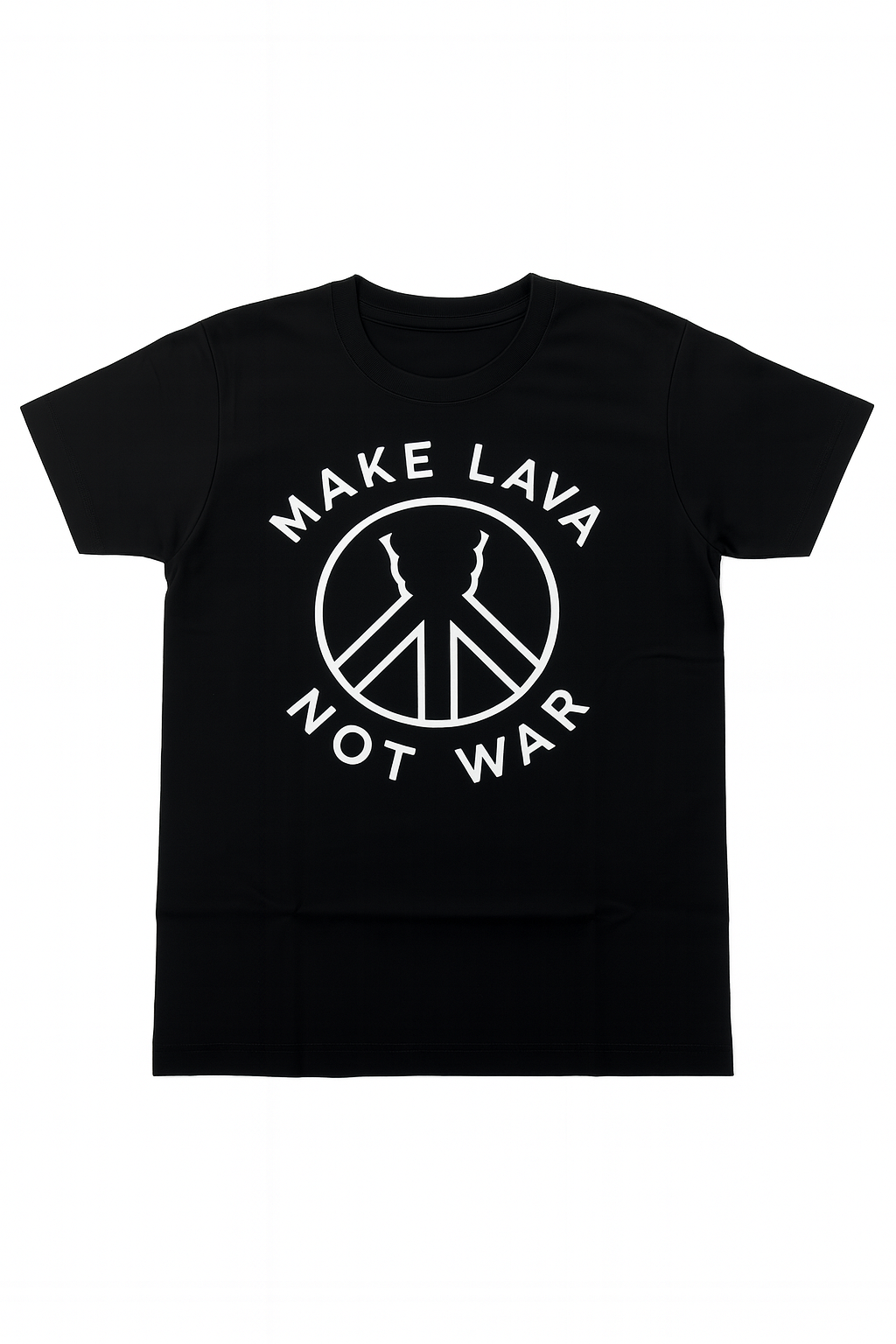 Black t-shirt with 'MAKE LAVA NOT WAR' design on a white background