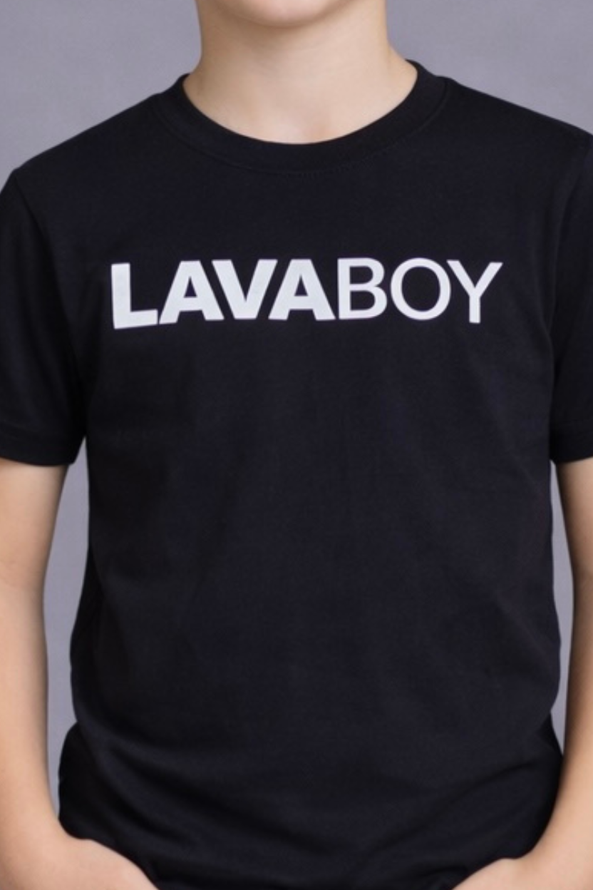 Black t-shirt with 'LAVABOY' printed on it against a gray background