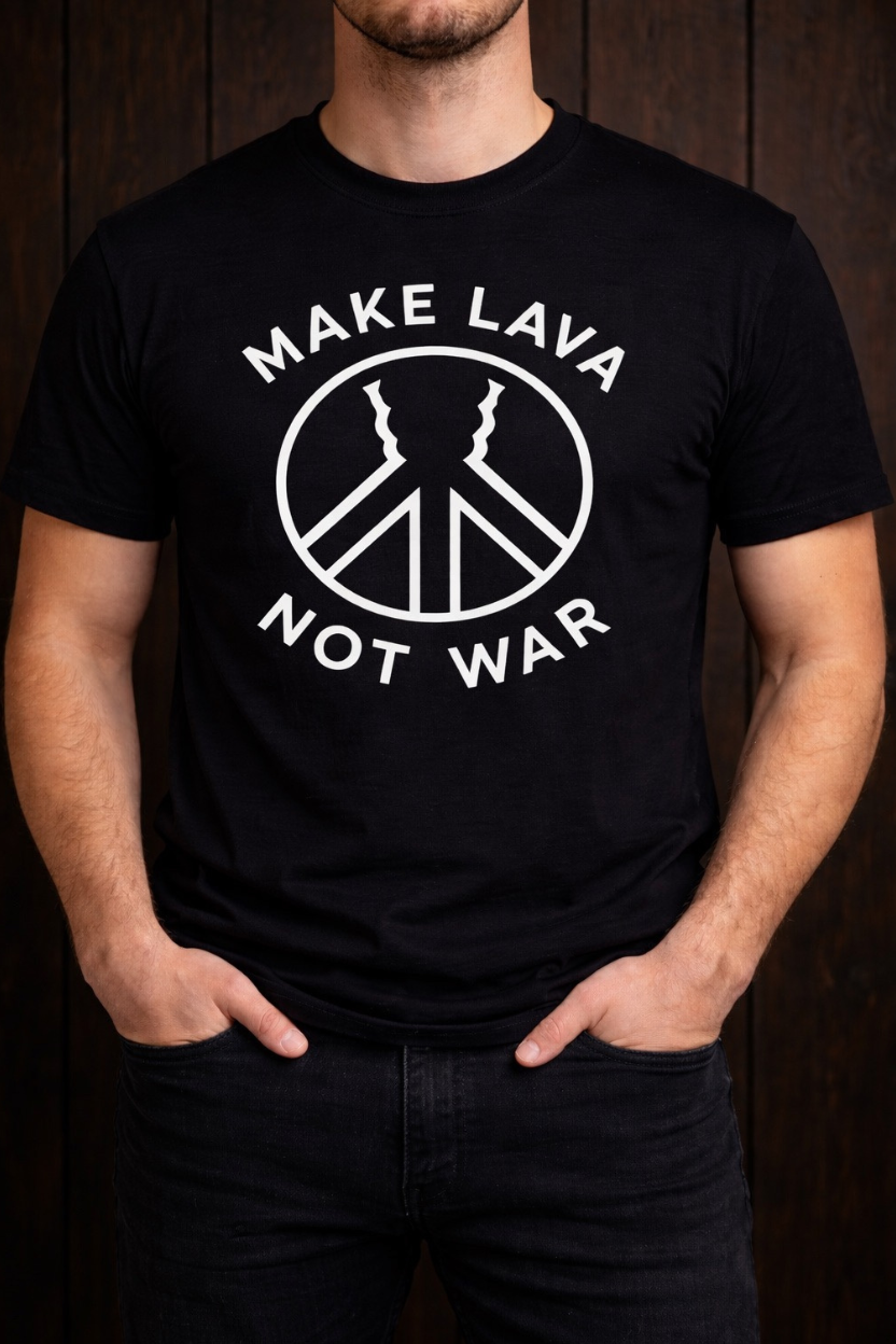 Person wearing a black t-shirt with 'Make Lava Not War' design against a wooden background