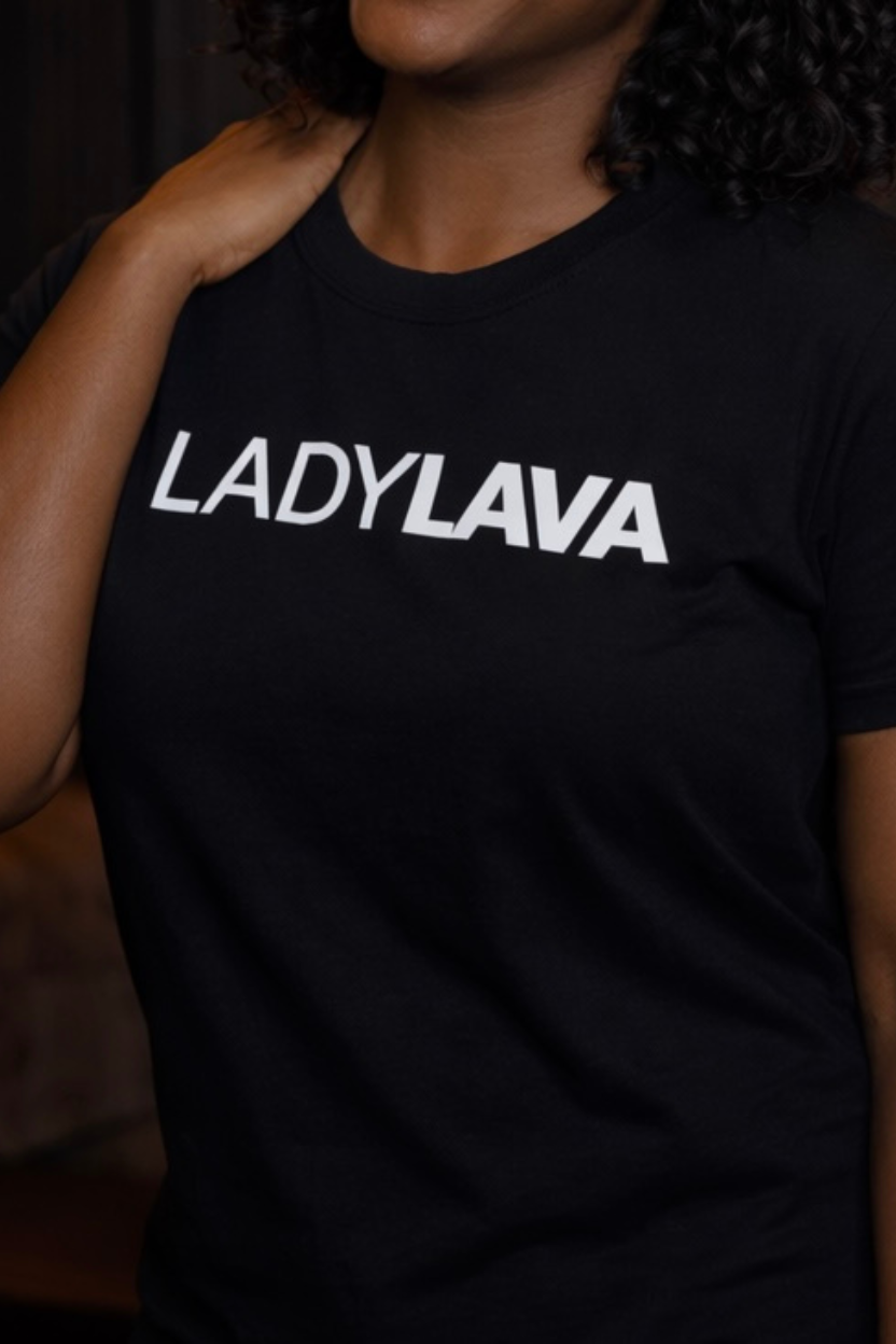 Person wearing a black t-shirt with 'LADYLAVA' text.